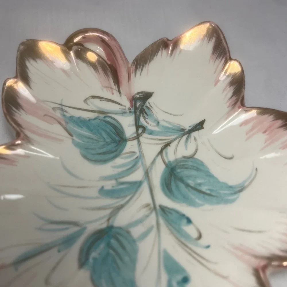 Vintage Italian Leaf Dish Hand Painted Blue & Pink with Gold Trim  Made in Italy